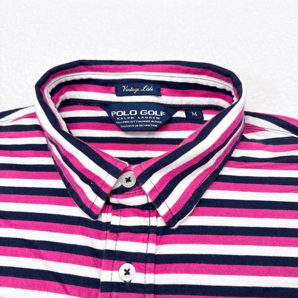 Ralph Lauren Polo Golf Shirt Mens Size‎ Medium Pink Blur Striped Vintage Lisle - Picture 3 of 7